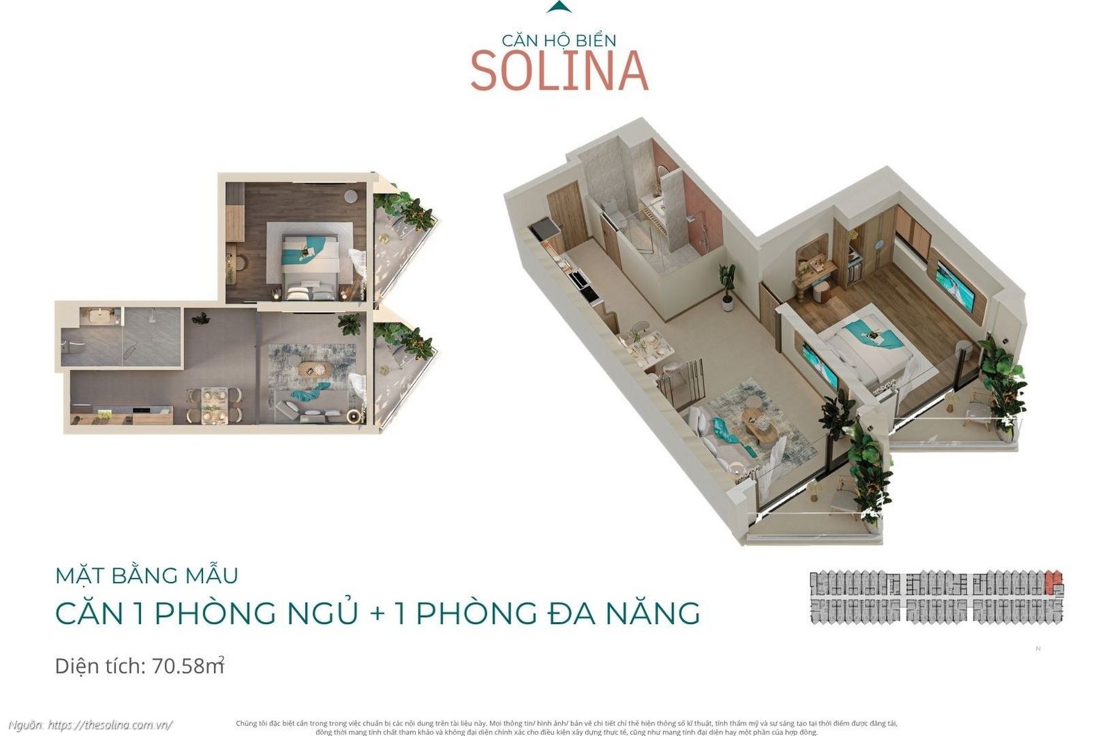 Mặt bằng mẫu Căn hộ 1 phòng ngủ + 1 phòng đa năng 70.58m2 dự án Solina Vũng Tàu