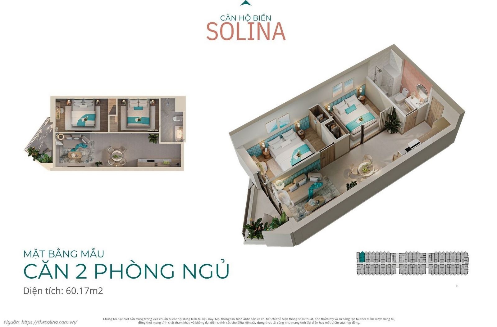 Mặt bằng mẫu Căn hộ 2 phòng ngủ diện tích 60.17m2 dự án Solina Vũng Tàu