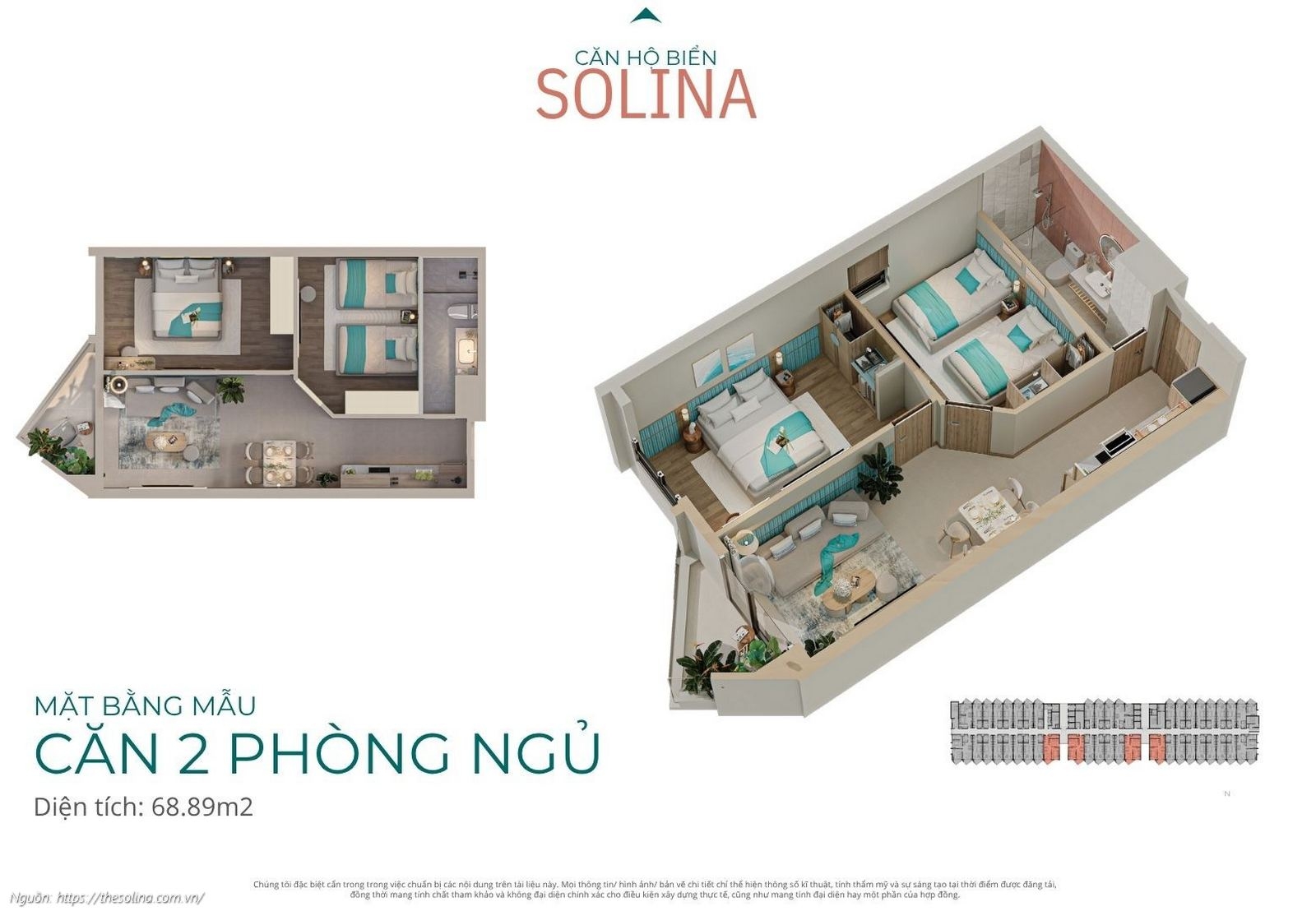 Mặt bằng mẫu Căn hộ 2 phòng ngủ diện tích 68.89m2 dự án Solina Vũng Tàu