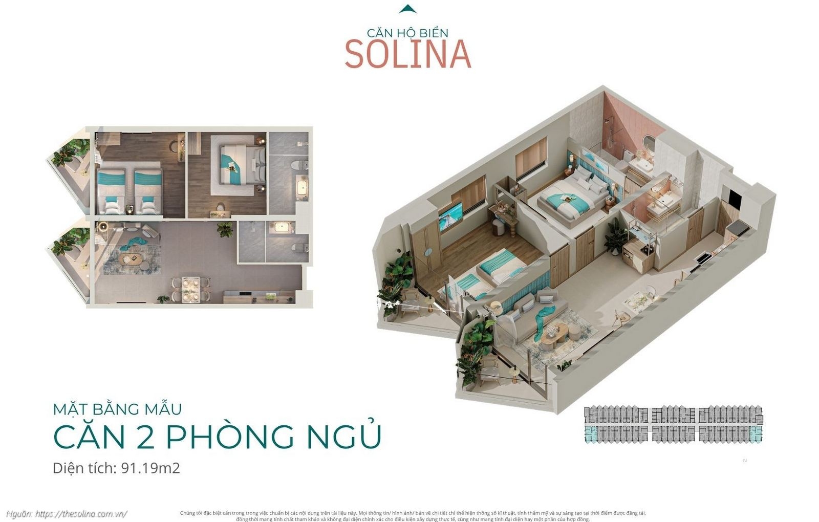 Mặt bằng mẫu Căn hộ 2 phòng ngủ diện tích 91.19m2 dự án Solina Vũng Tàu