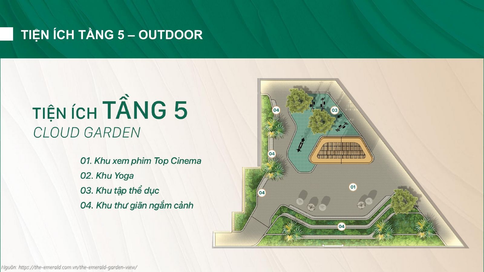 Mặt bằng thiết kế tiện ích tầng 5 Cloud Garden dự án The Emerald Garden View: Rạp chiếu phim và Yoga ngoài trời