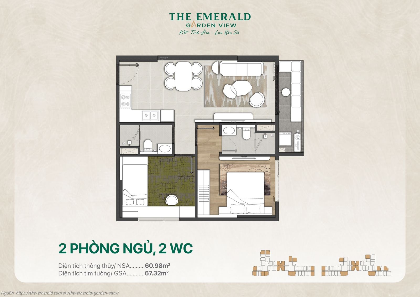 Mặt bằng thiết kế căn hộ 2 phòng ngủ (2PN) diện tích 67.32m2 dự án The Emerald Garden View
