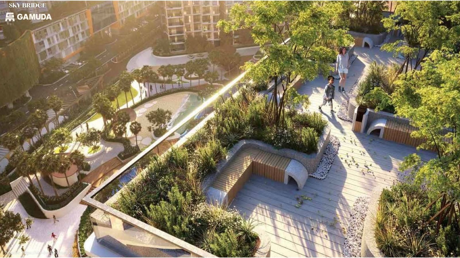 Đường dạo bộ quanh công viên xanh tại dự án chung cư Sky Bridge By Gamuda Land