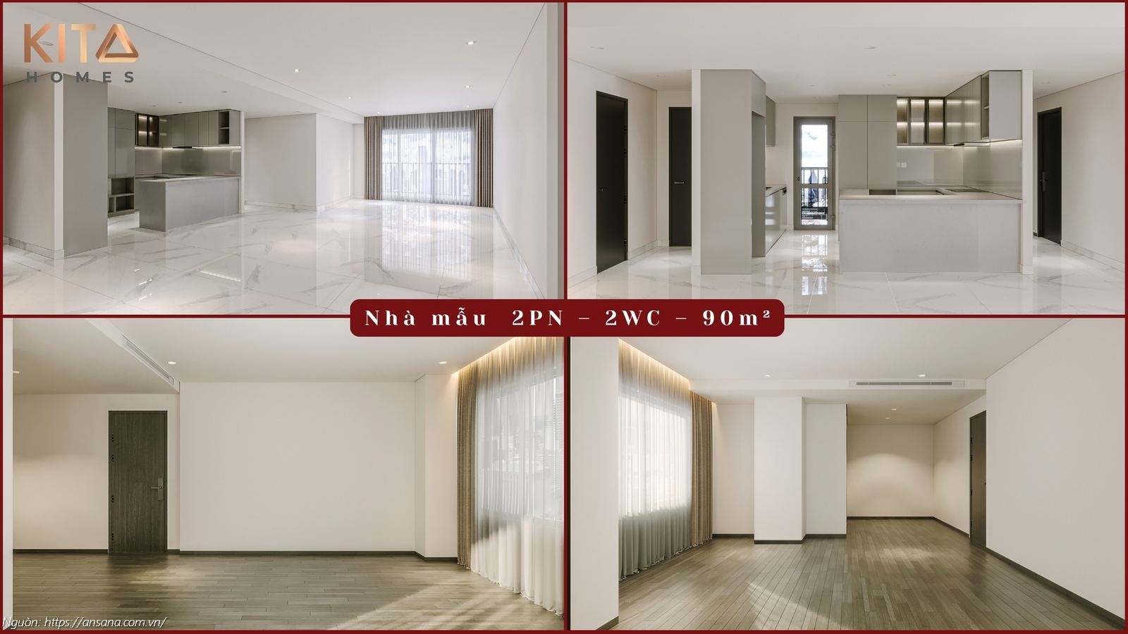 Nhà mẫu căn hộ 2PN - 2WC diện tích 90m2 dự án Ansana By Kita Võ Văn Kiệt