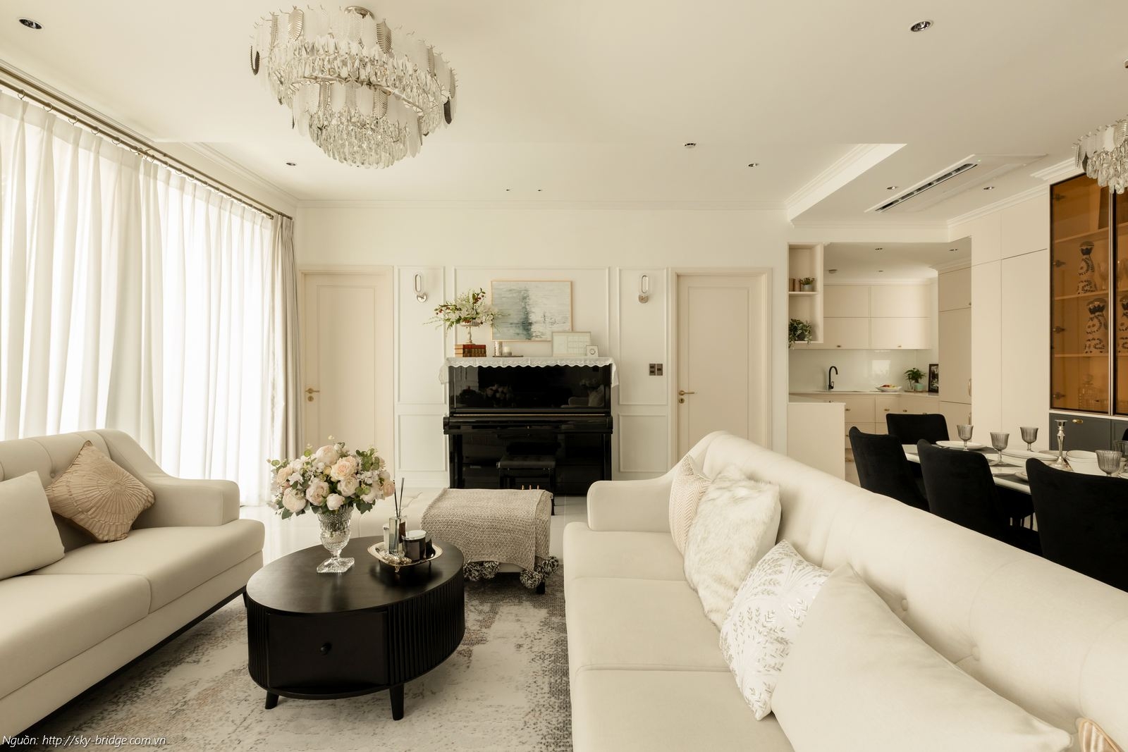 Thiết kế nội thất phòng khách sang trọng nhà mẫu Sky Bridge căn 3PN diện tích 152m2