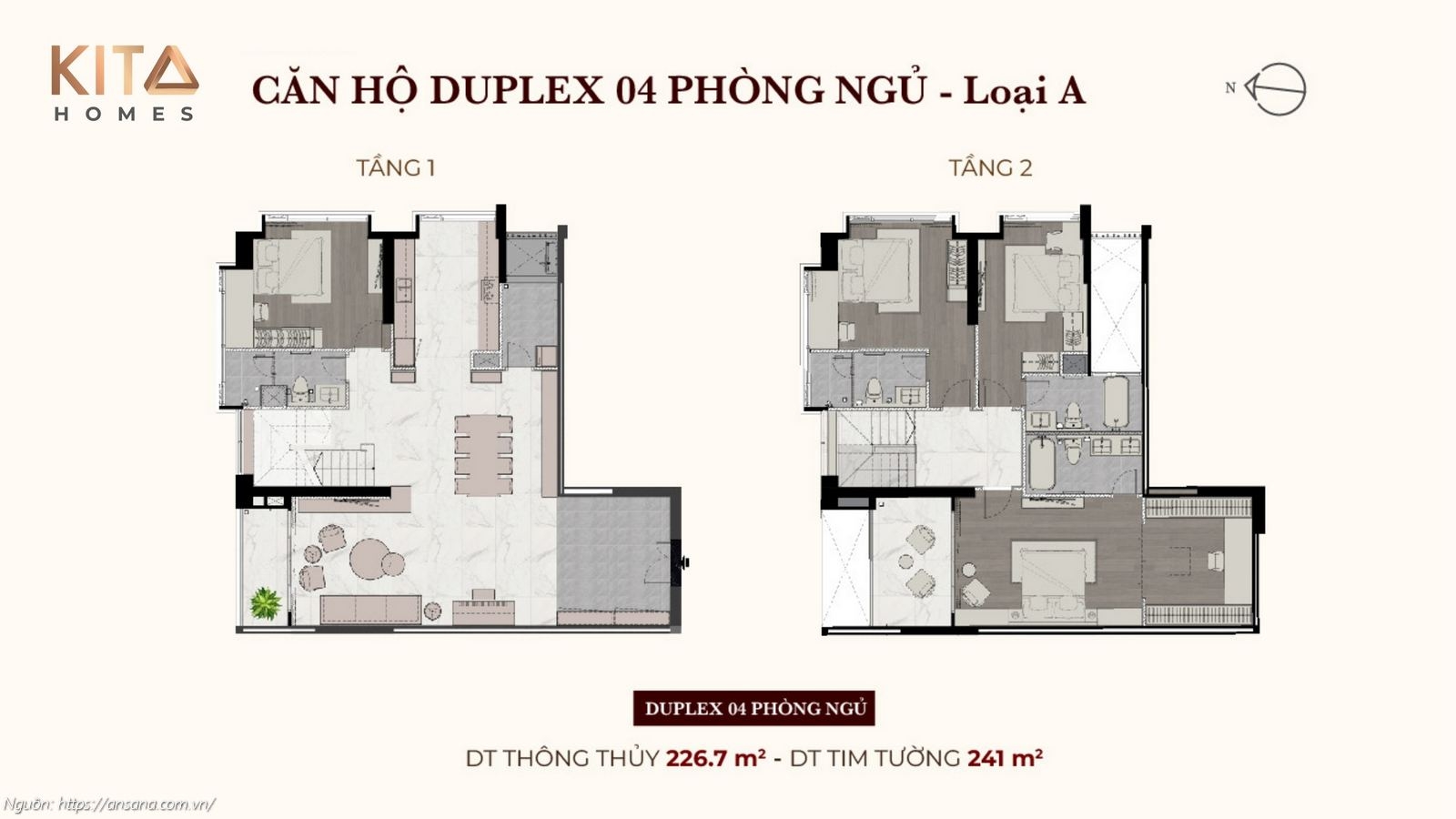 Thiết kế căn hộ Duplex 4 phòng ngủ thông tầng diện tích 241m2 tại Ansana by Kita