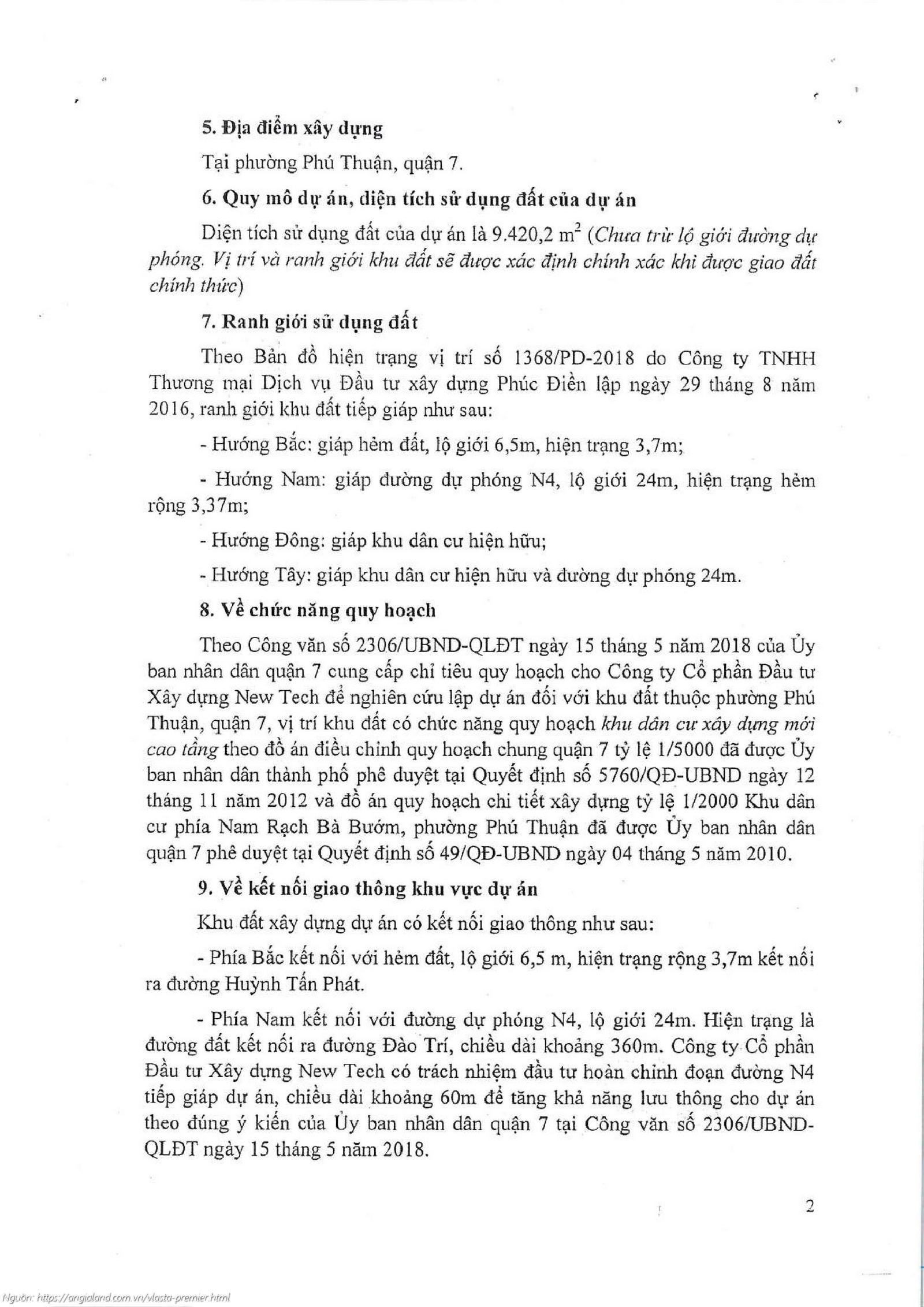 Văn bản chấp thuận chủ trương đầu tư dự án căn hộ chung cư Vlasta Premier Quận 7